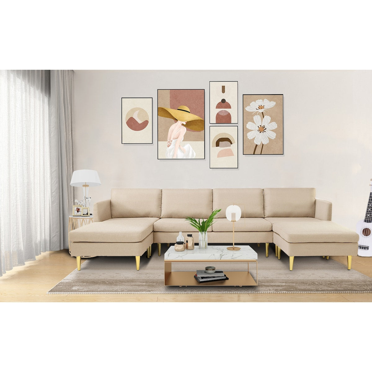 U-Shaped Convertible Sectional Sofa w/Chaise Longue & Movable Ottoman, Modern Upholstered Couch w/Metal Legs for Living Room