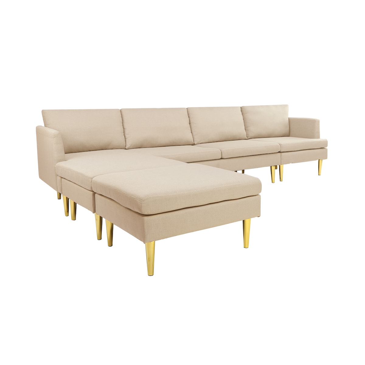 U-Shaped Convertible Sectional Sofa w/Chaise Longue & Movable Ottoman, Modern Upholstered Couch w/Metal Legs for Living Room