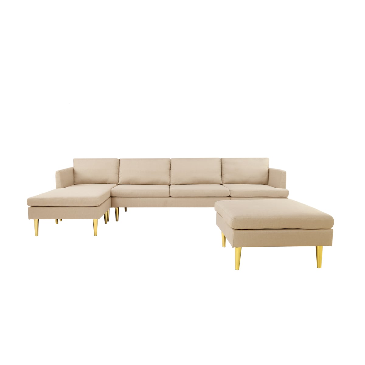 U-Shaped Convertible Sectional Sofa w/Chaise Longue & Movable Ottoman, Modern Upholstered Couch w/Metal Legs for Living Room