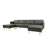 U-Shaped Convertible Sectional Sofa w/Chaise Longue & Movable Ottoman, Modern Upholstered Couch w/Metal Legs for Living Room