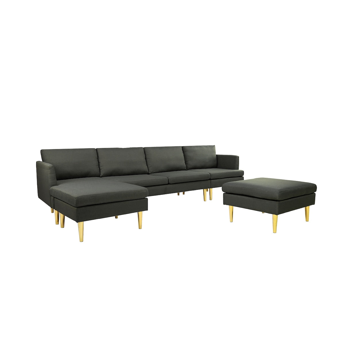 U-Shaped Convertible Sectional Sofa w/Chaise Longue & Movable Ottoman, Modern Upholstered Couch w/Metal Legs for Living Room