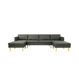 U-Shaped Convertible Sectional Sofa w/Chaise Longue & Movable Ottoman, Modern Upholstered Couch w/Metal Legs for Living Room