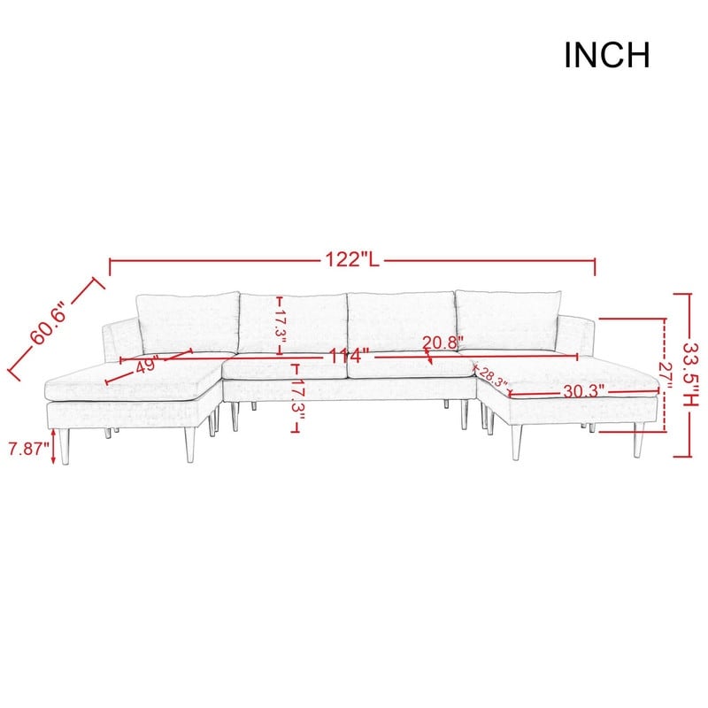 U-Shaped Convertible Sectional Sofa w/Chaise Longue & Movable Ottoman, Modern Upholstered Couch w/Metal Legs for Living Room