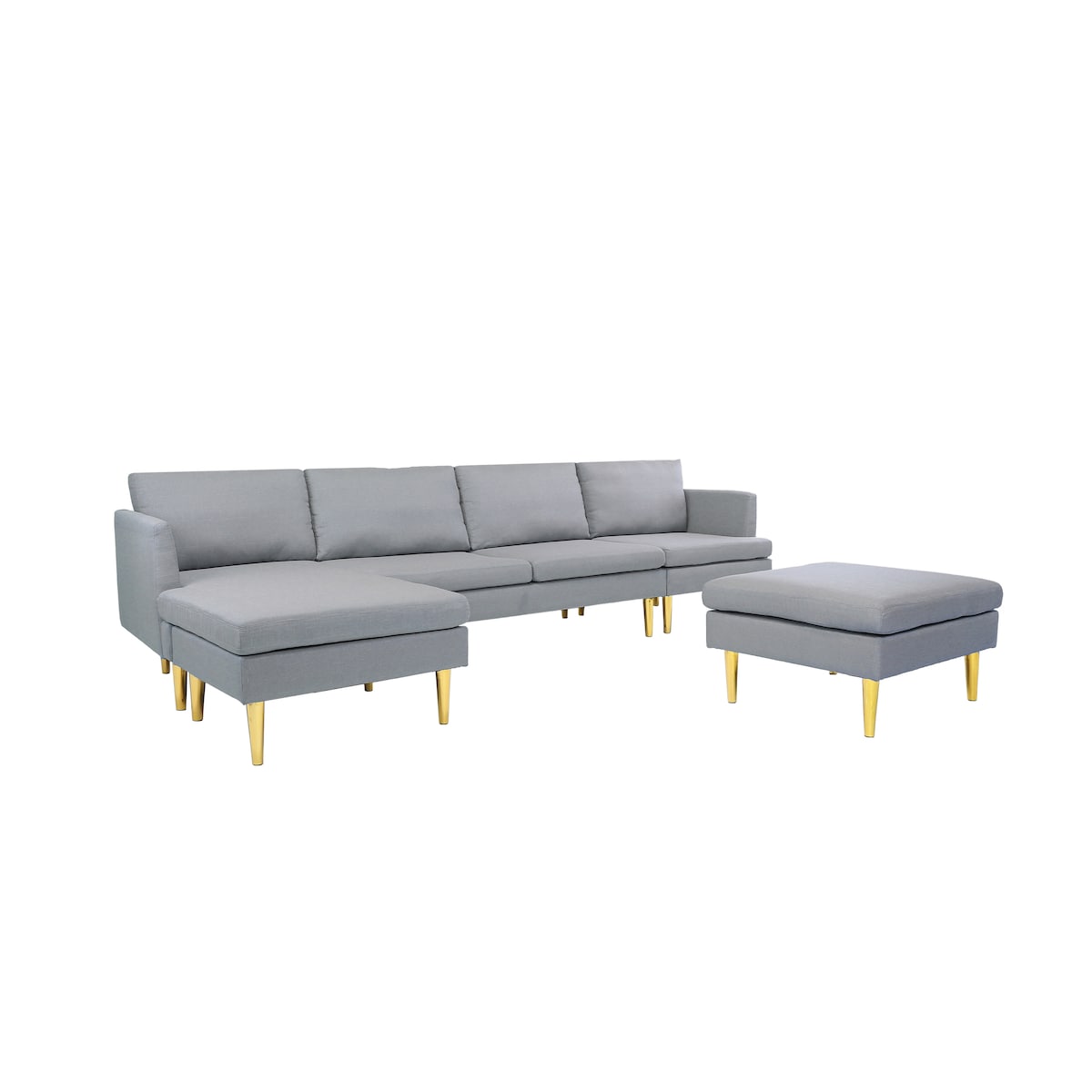 U-Shaped Convertible Sectional Sofa w/Chaise Longue & Movable Ottoman, Modern Upholstered Couch w/Metal Legs for Living Room
