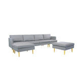 U-Shaped Convertible Sectional Sofa w/Chaise Longue & Movable Ottoman, Modern Upholstered Couch w/Metal Legs for Living Room
