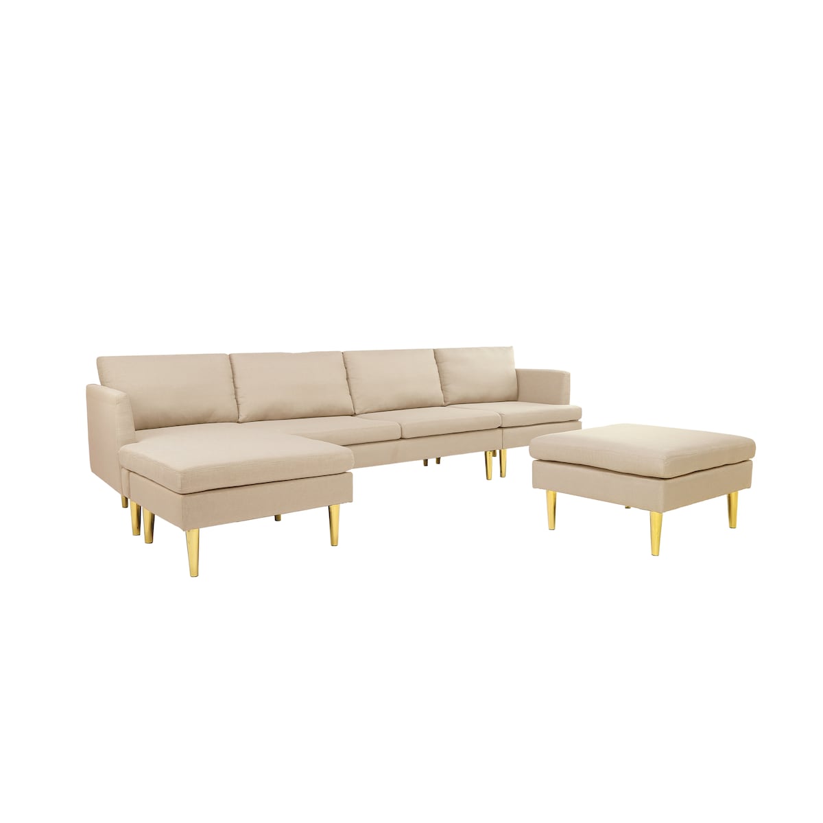 U-Shaped Convertible Sectional Sofa w/Chaise Longue & Movable Ottoman, Modern Upholstered Couch w/Metal Legs for Living Room