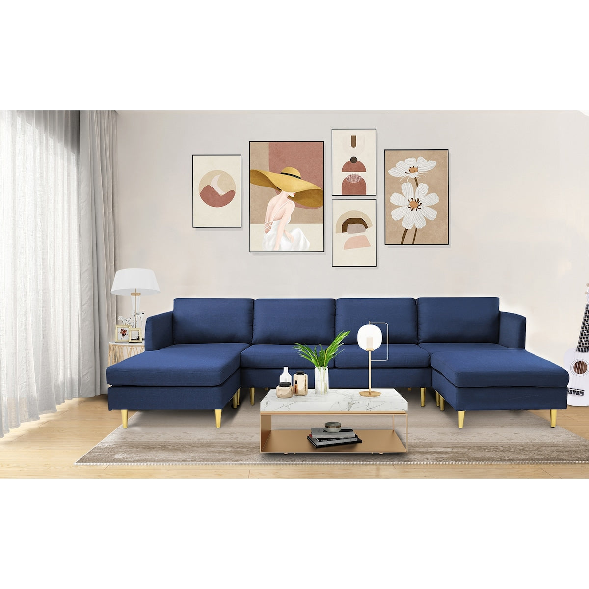 U-Shaped Convertible Sectional Sofa w/Chaise Longue & Movable Ottoman, Modern Upholstered Couch w/Metal Legs for Living Room