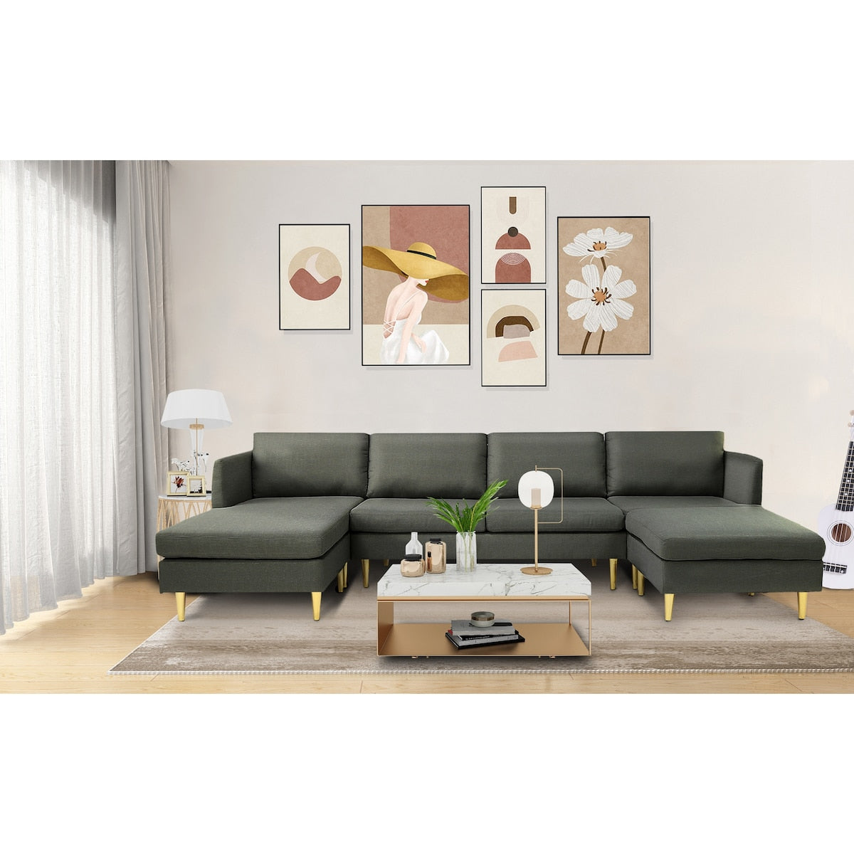 U-Shaped Convertible Sectional Sofa w/Chaise Longue & Movable Ottoman, Modern Upholstered Couch w/Metal Legs for Living Room