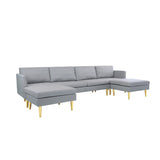 U-Shaped Convertible Sectional Sofa w/Chaise Longue & Movable Ottoman, Modern Upholstered Couch w/Metal Legs for Living Room