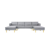 U-Shaped Convertible Sectional Sofa w/Chaise Longue & Movable Ottoman, Modern Upholstered Couch w/Metal Legs for Living Room
