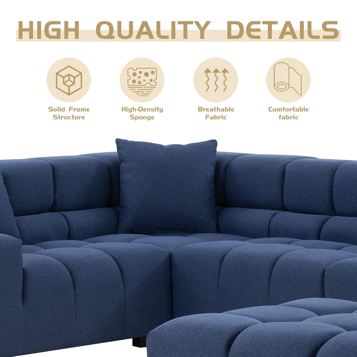 L Shaped Large Upholstered Fabric Couch Sectional Sleeper Sofa with Ottoman