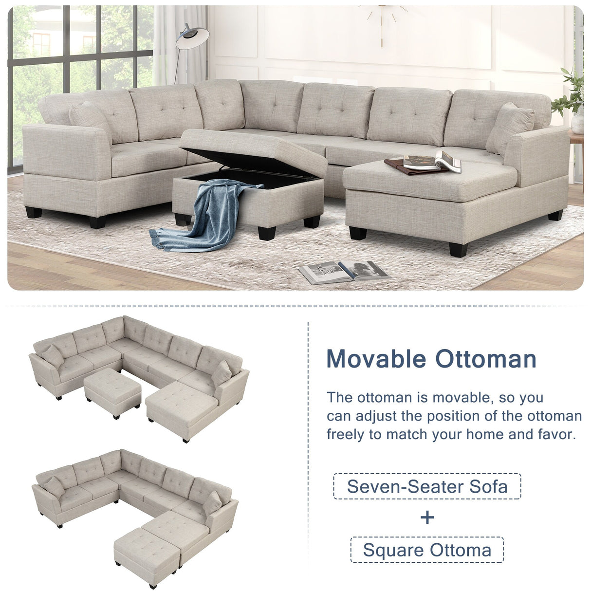 U Shaped Sectional Sofa with Storage Ottoman and 2 Throw Pillows