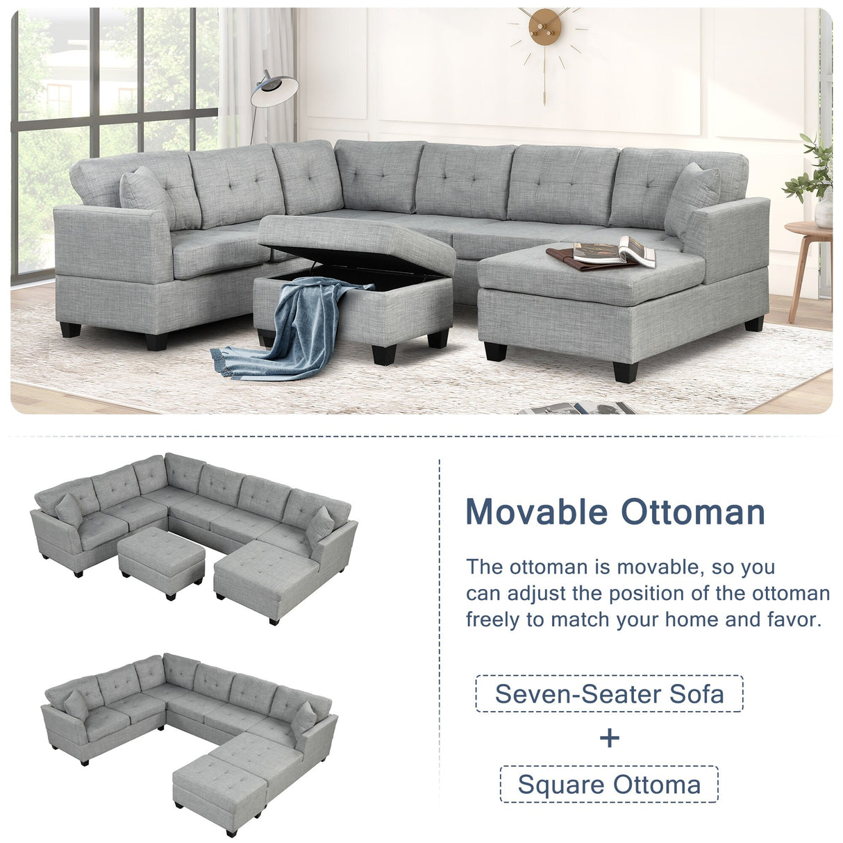 U Shaped Sectional Sofa with Storage Ottoman and 2 Throw Pillows