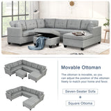 U Shaped Sectional Sofa with Storage Ottoman and 2 Throw Pillows