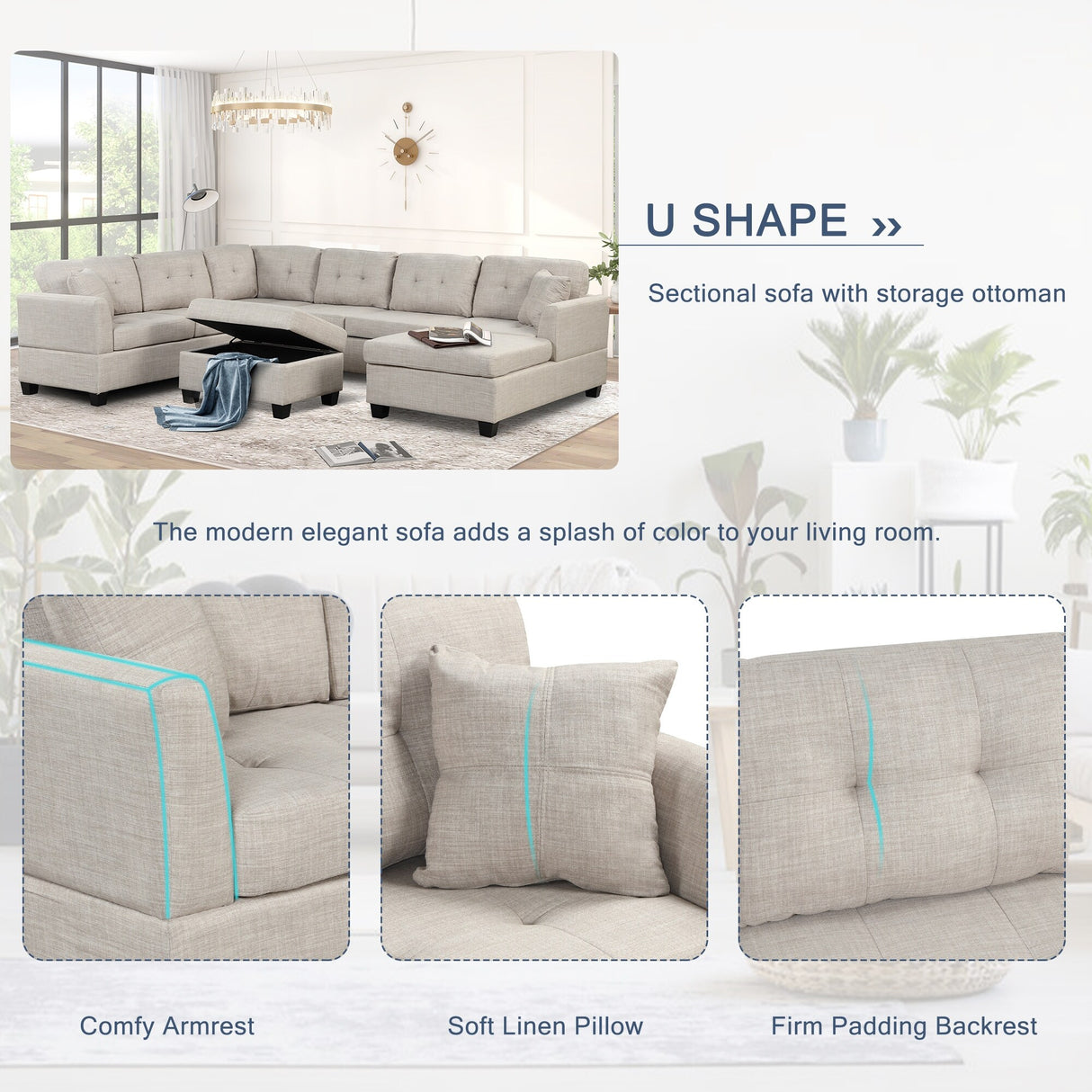 U Shaped Sectional Sofa with Storage Ottoman and 2 Throw Pillows