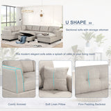 U Shaped Sectional Sofa with Storage Ottoman and 2 Throw Pillows