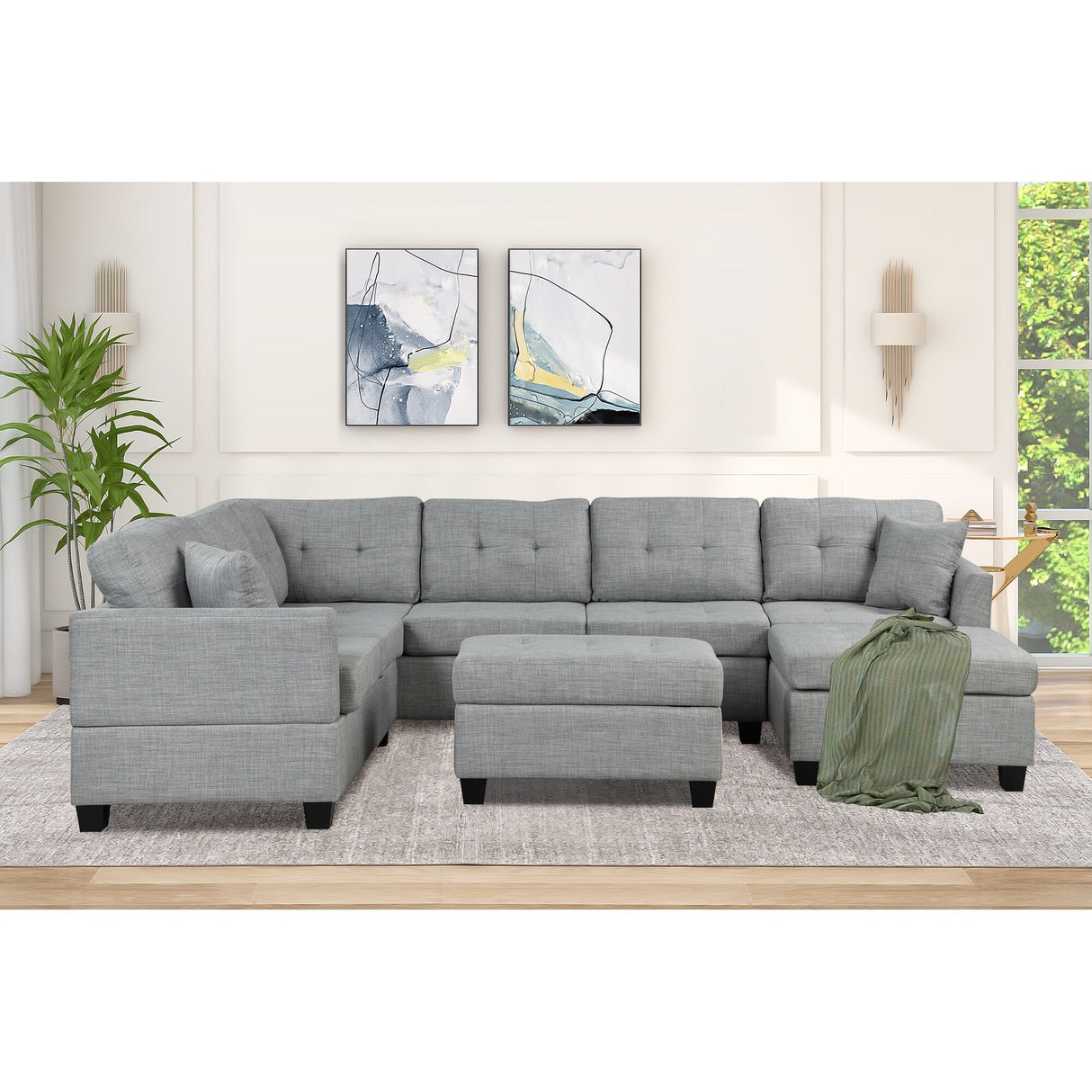 U Shaped Sectional Sofa with Storage Ottoman and 2 Throw Pillows