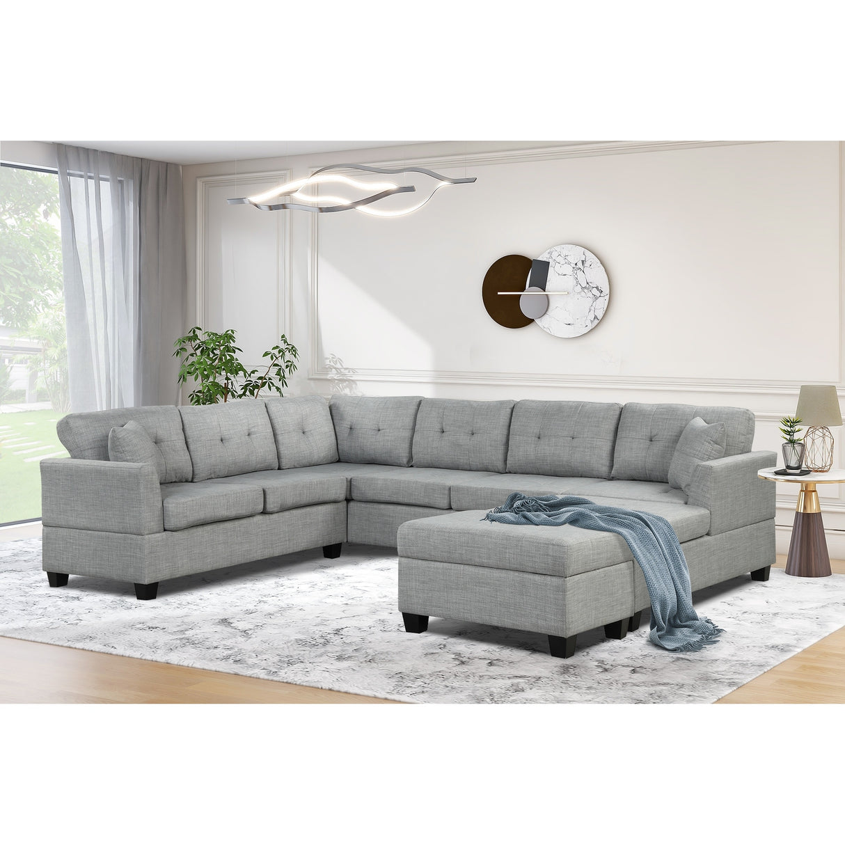 U Shaped Sectional Sofa with Storage Ottoman and 2 Throw Pillows