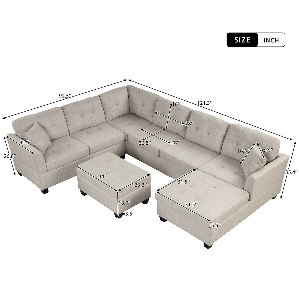 U Shaped Sectional Sofa with Storage Ottoman and 2 Throw Pillows