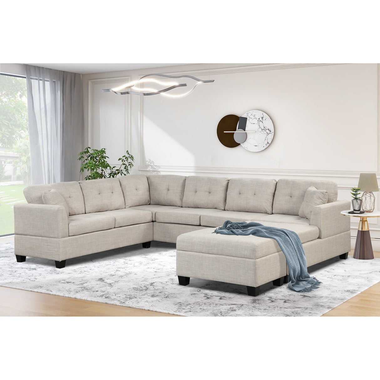 U Shaped Sectional Sofa with Storage Ottoman and 2 Throw Pillows