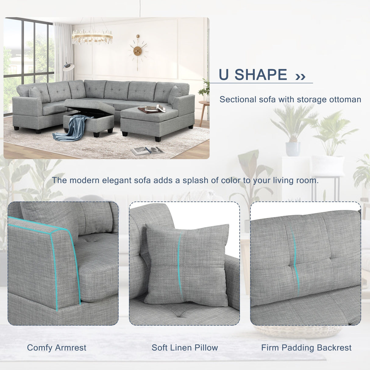 U Shaped Sectional Sofa with Storage Ottoman and 2 Throw Pillows