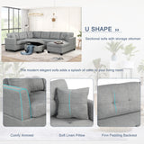 U Shaped Sectional Sofa with Storage Ottoman and 2 Throw Pillows