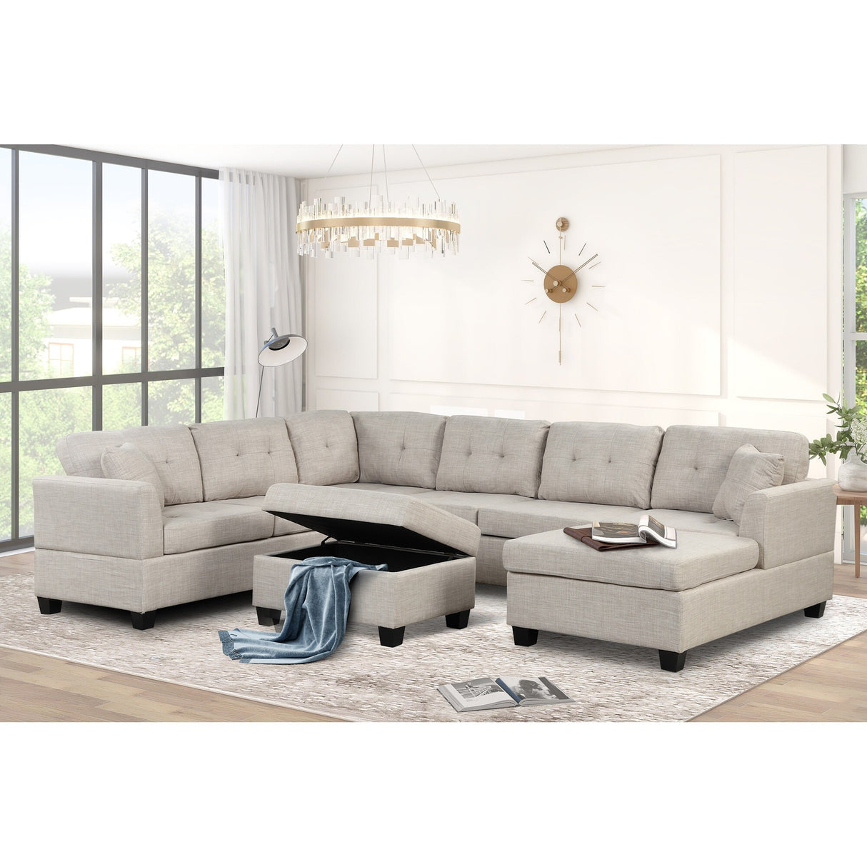 U Shaped Sectional Sofa with Storage Ottoman and 2 Throw Pillows