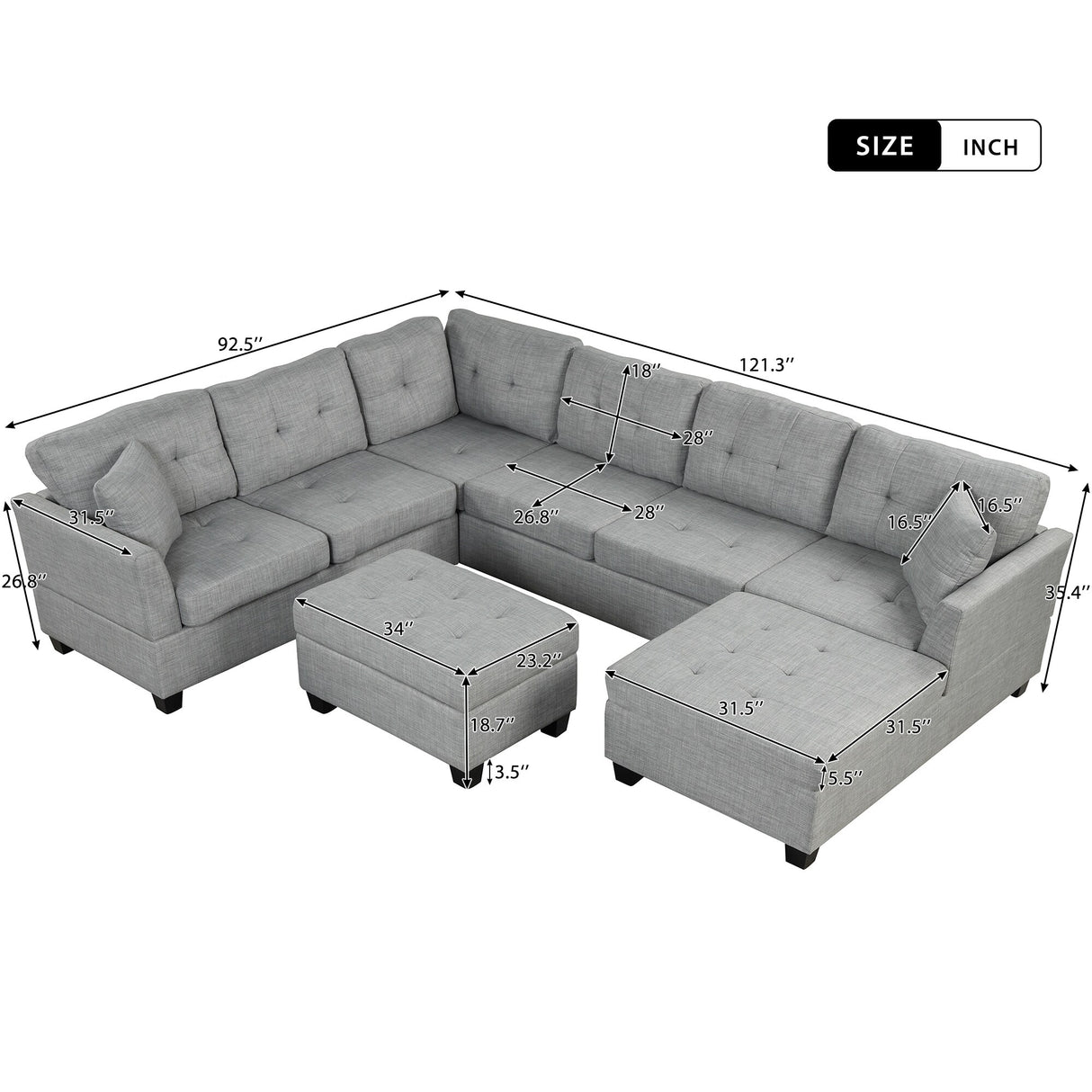 U Shaped Sectional Sofa with Storage Ottoman and 2 Throw Pillows