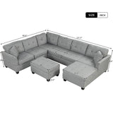 U Shaped Sectional Sofa with Storage Ottoman and 2 Throw Pillows