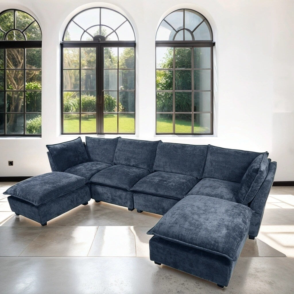 U-Shaped Sofa Linen Modular Sectional Couch Set with Convertible Ottoman Reversible Chaise, Blue