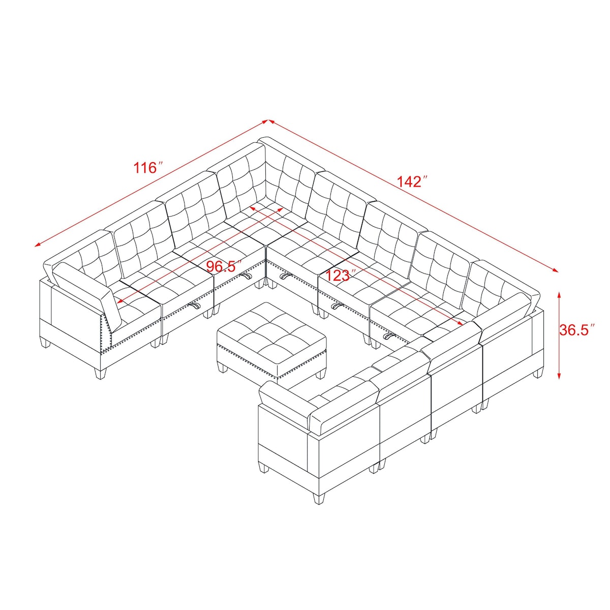 U shape Modular Sectional Sofa, DIY Combination, Includes Storage Space, Seven Single Chair, Four Corner and One Ottoman