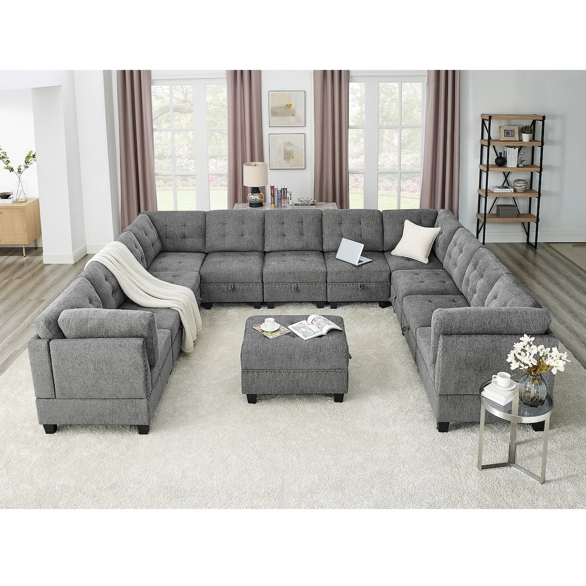 U shape Modular Sectional Sofa, DIY Combination, Includes Storage Space, Seven Single Chair, Four Corner and One Ottoman