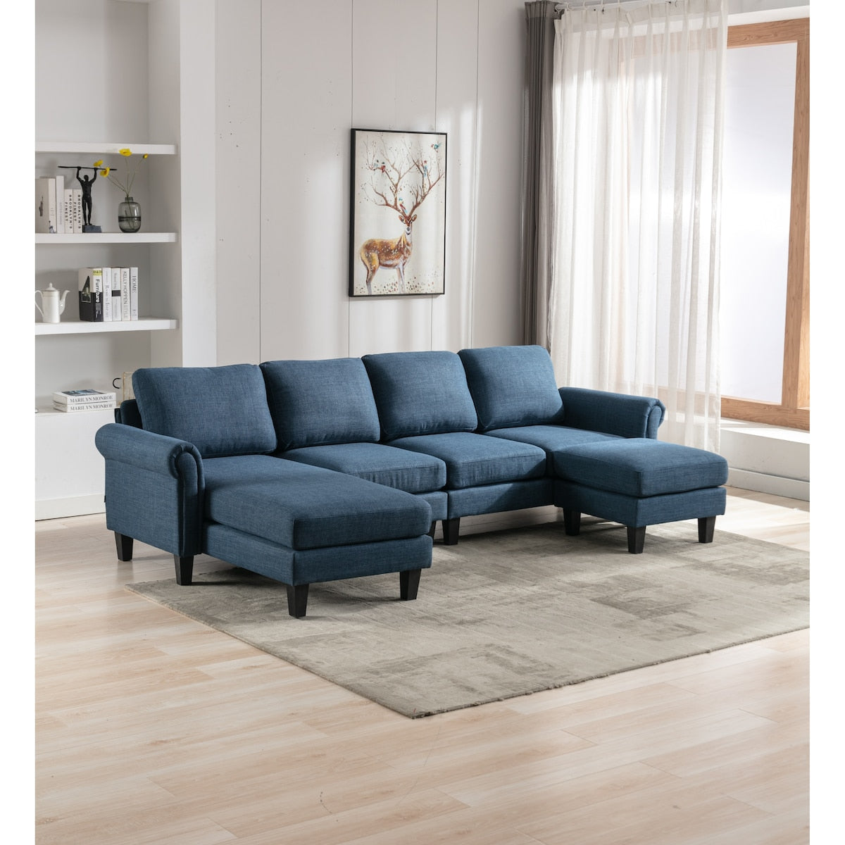 U-shaped Sectional Sofa Polyester Chaise Accent Sofa, Living Room Sofa with Ottoman