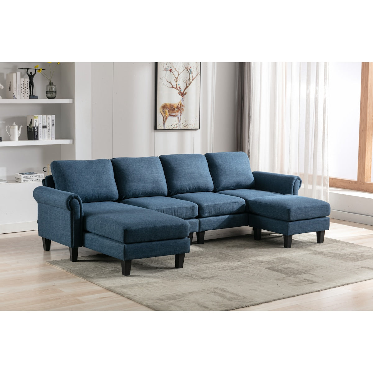 U-shaped Sectional Sofa Polyester Chaise Accent Sofa, Living Room Sofa with Ottoman