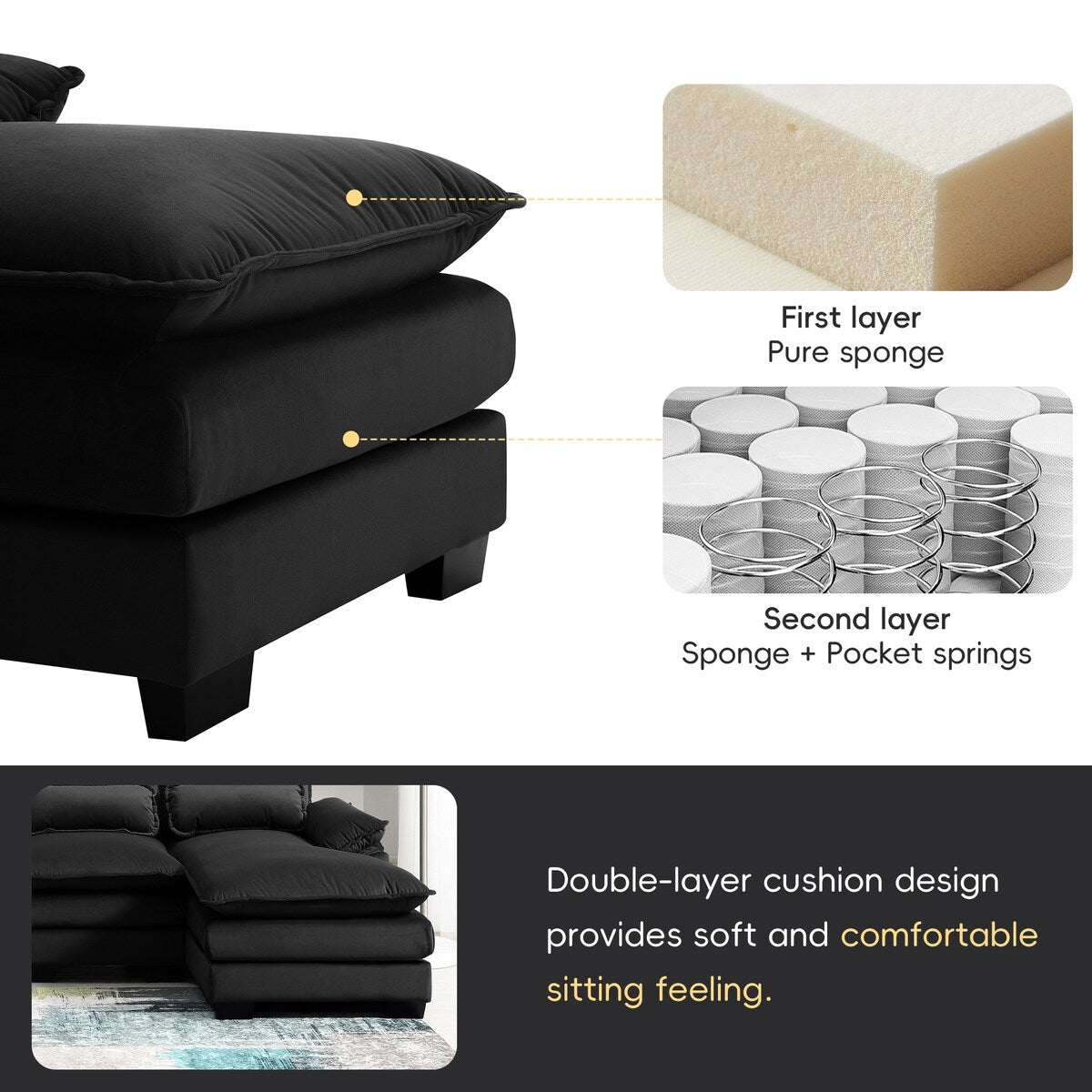 U-shaped Sectional Sofa with Chaise Lounge, Upholstered Furniture Sleeper Sofa Couch,Black