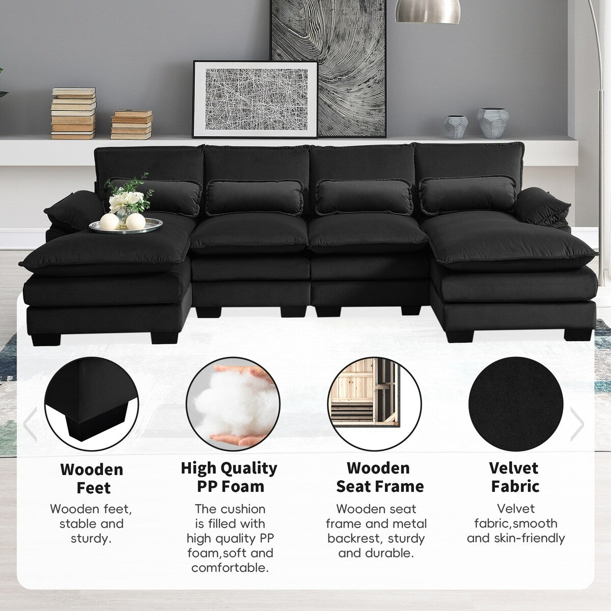 U-shaped Sectional Sofa with Chaise Lounge, Upholstered Furniture Sleeper Sofa Couch,Black