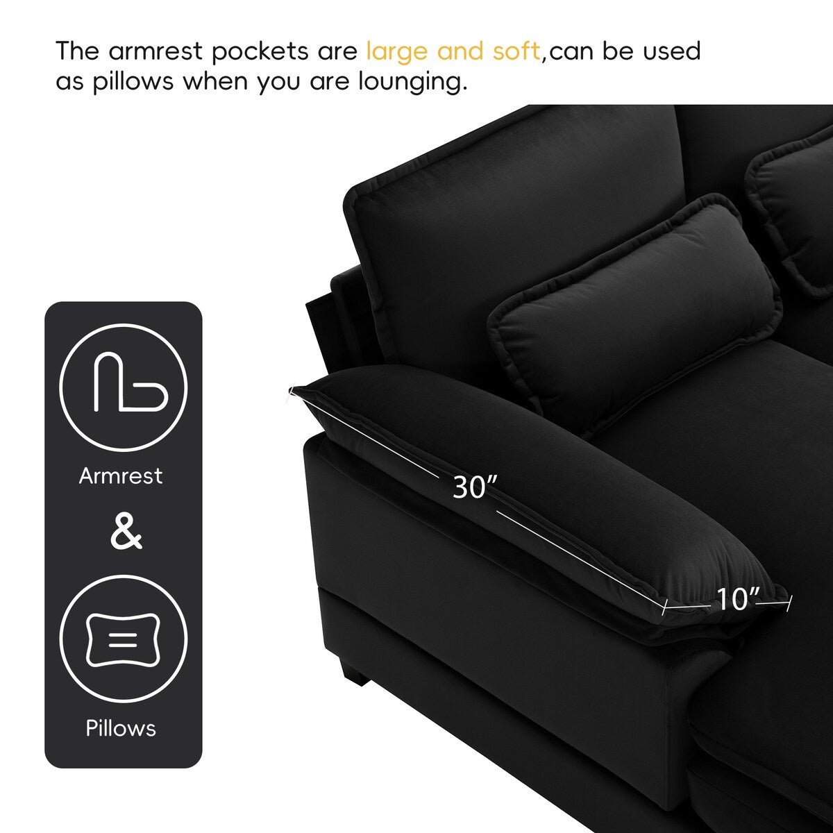 U-shaped Sectional Sofa with Chaise Lounge, Upholstered Furniture Sleeper Sofa Couch,Black