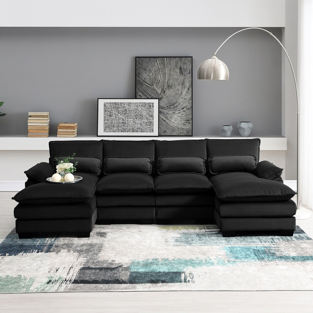 U-shaped Sectional Sofa with Chaise Lounge, Upholstered Furniture Sleeper Sofa Couch,Black