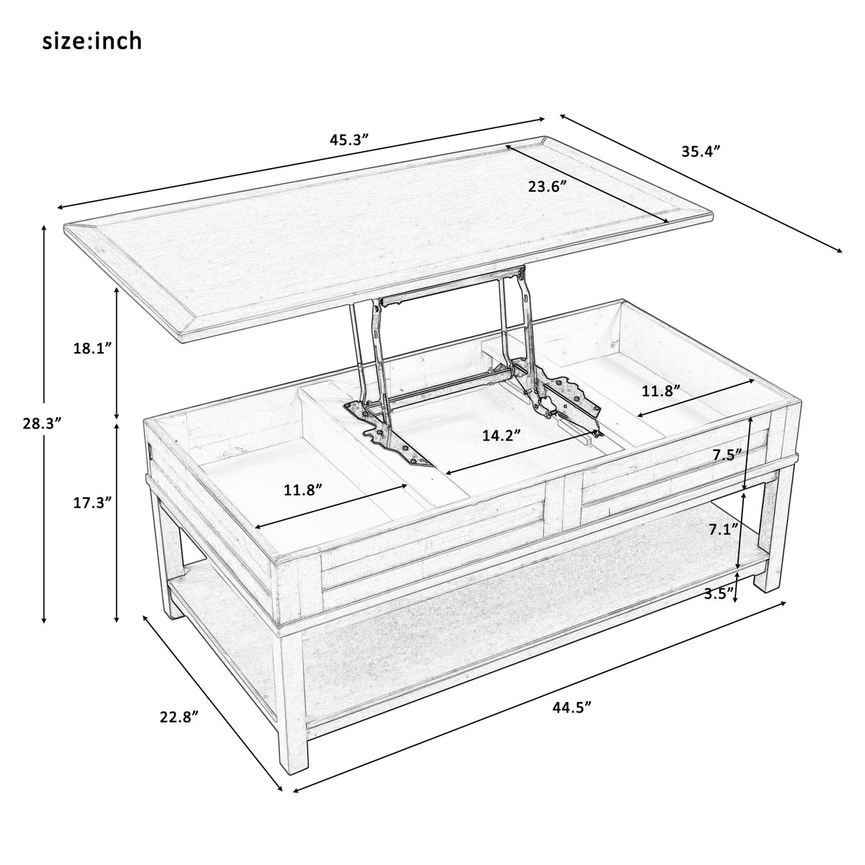 Lift Top Coffee Table with Inner Storage Space and Shelf