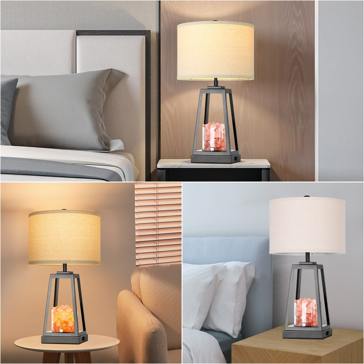 USB Touch Farmhouse Table Lamp with salt lamp, 3 Way Dimmable Bedside Lamps, Included 2 Bulbs - 24.4'' H X 13'' W X 13'' D