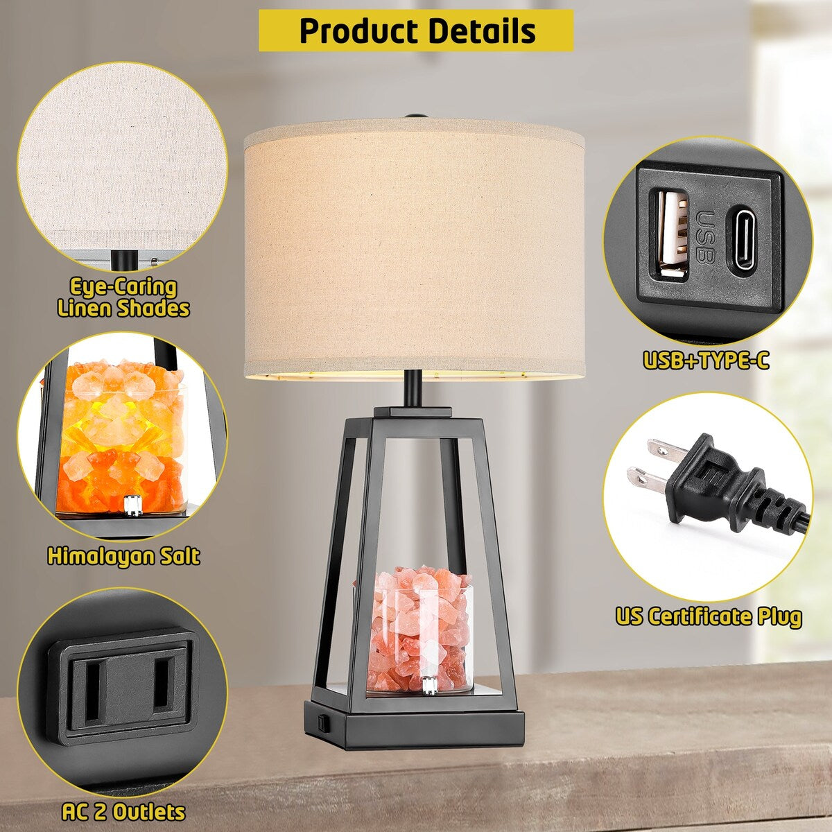 USB Touch Farmhouse Table Lamp with salt lamp, 3 Way Dimmable Bedside Lamps, Included 2 Bulbs - 24.4'' H X 13'' W X 13'' D