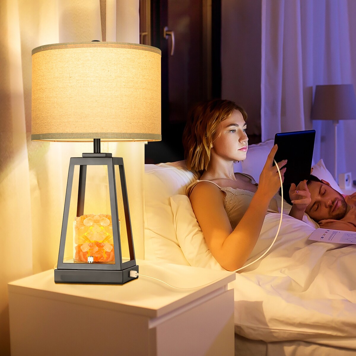 USB Touch Farmhouse Table Lamp with salt lamp, 3 Way Dimmable Bedside Lamps, Included 2 Bulbs - 24.4'' H X 13'' W X 13'' D