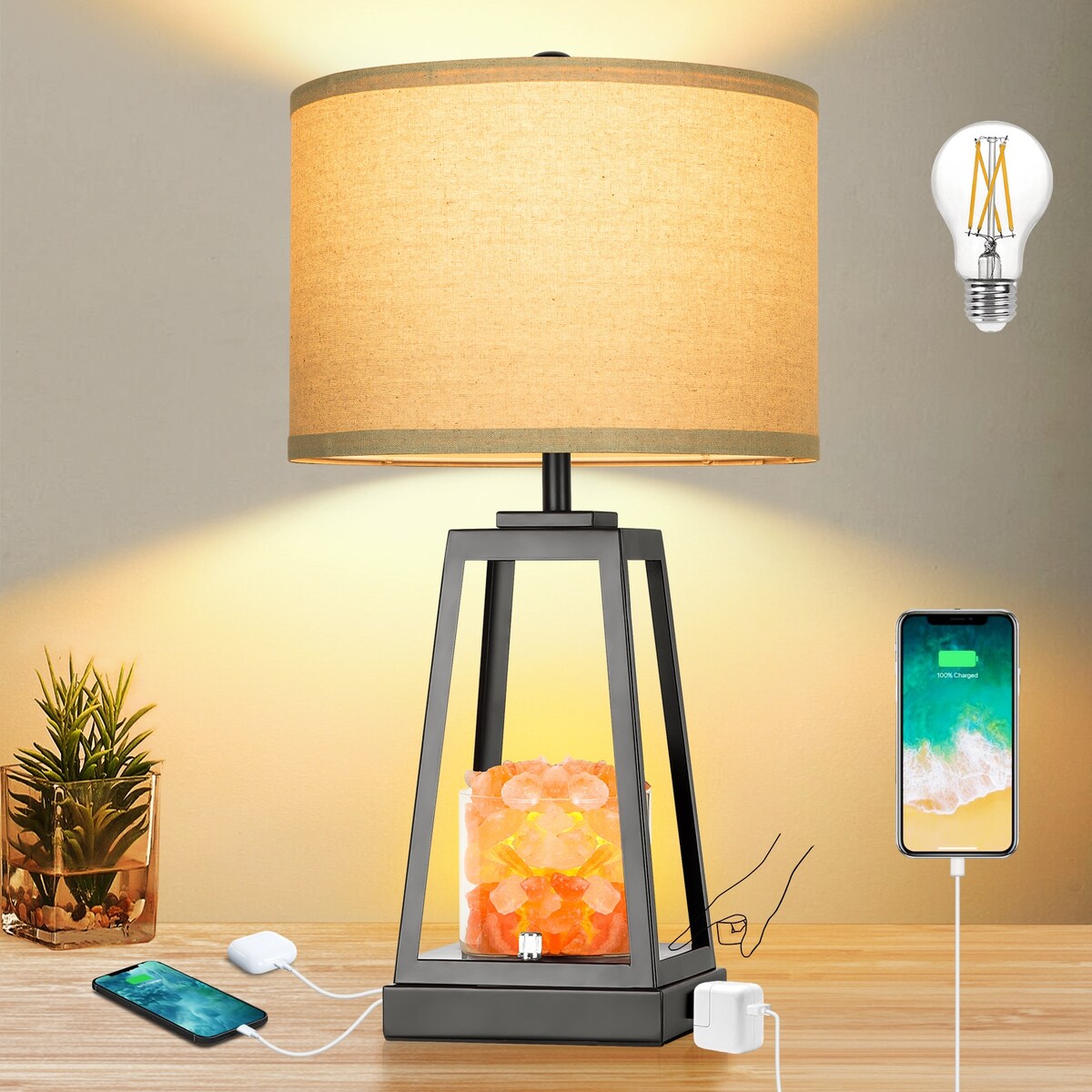 USB Touch Farmhouse Table Lamp with salt lamp, 3 Way Dimmable Bedside Lamps, Included 2 Bulbs - 24.4'' H X 13'' W X 13'' D