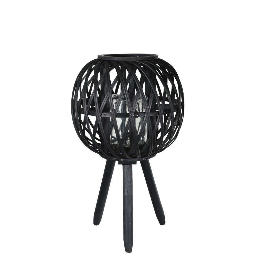 UTC16509: Bamboo Round Lantern with Diamond Lattice Pattern Design Body, Candle Glass Holder Painted Finish Black