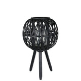 UTC16509: Bamboo Round Lantern with Diamond Lattice Pattern Design Body, Candle Glass Holder Painted Finish Black