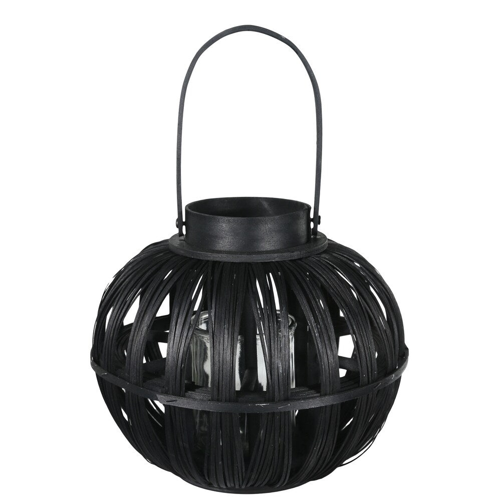 UTC16515: Wood Round Bellied Lantern with Top Handle and Candle Glass Holder LG Painted Finish Black