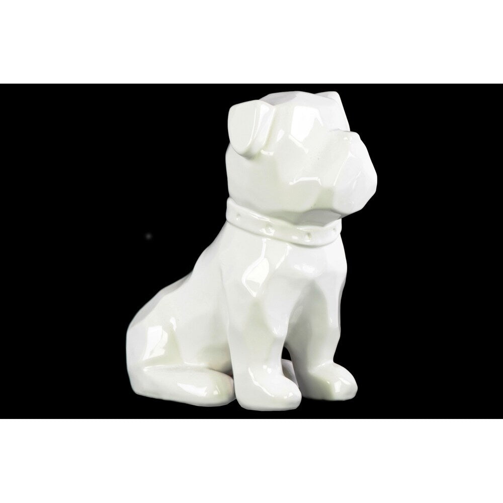 UTC45023: Ceramic Geometric Sitting British Bulldog Figurine with Collar Gloss Finish White