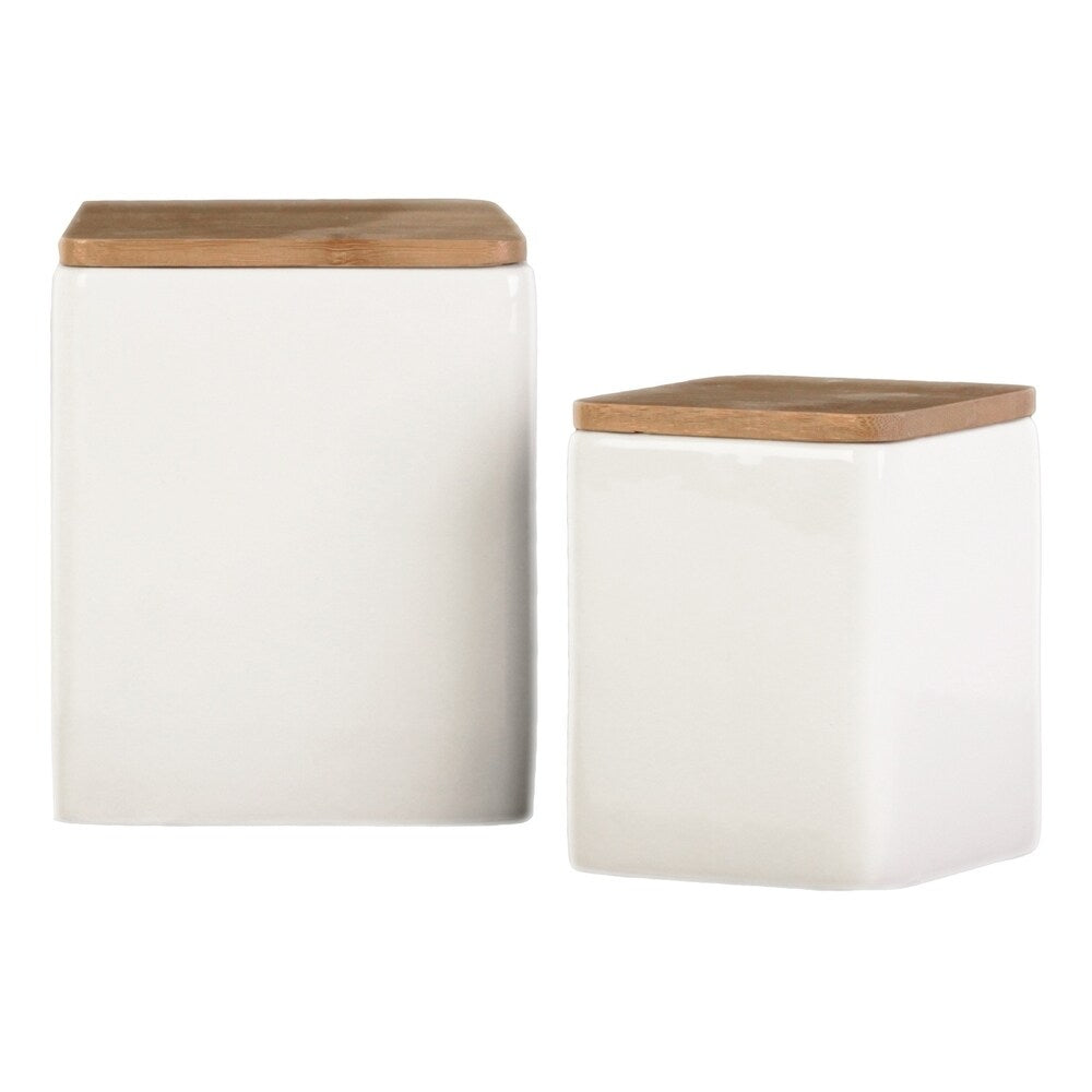 UTC50936: Ceramic Square Canister with Bamboo Lid Set of Two Gloss Finish White