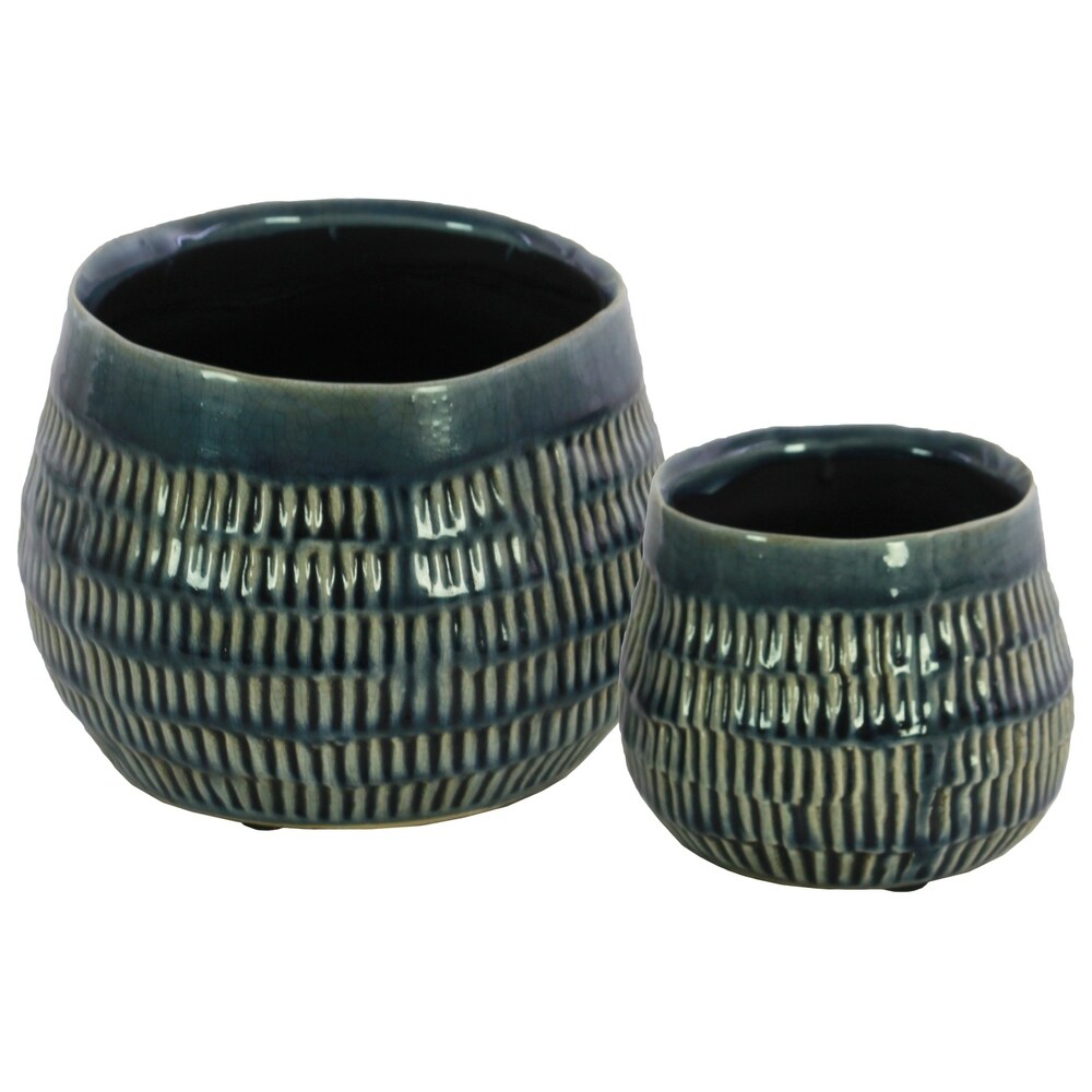UTC51612: Ceramic Round Vase with Embossed Rectangle Design Body and Tapered Bottom Set of Two Gloss Finish Blue