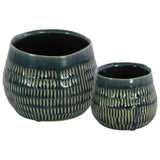 UTC51612: Ceramic Round Vase with Embossed Rectangle Design Body and Tapered Bottom Set of Two Gloss Finish Blue